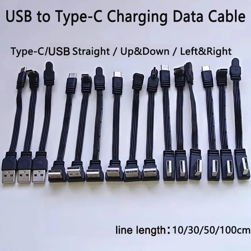 1PC USB A to Type-C Fast Charging Data Cable Straight/Up/Down/Left/Right Angled Flat Silicone Soft Wire 10-100cm