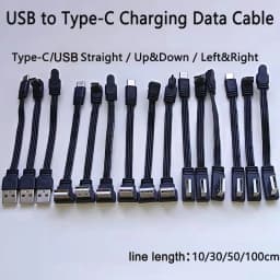 1PC USB A to Type-C Fast Charging Data Cable Straight/Up/Down/Left/Right Angled Flat Silicone Soft Wire 10-100cm