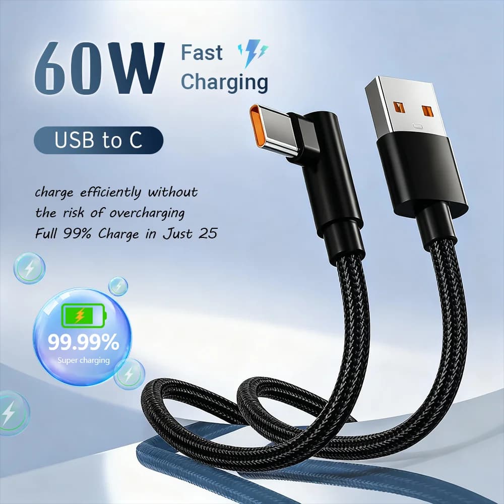 60W USB Type-C 90° Fast Charging Cable Degree Elbow Type-C Fast Charging Cord for Samsung Xiaomi Huawei OnePlus Android Devices