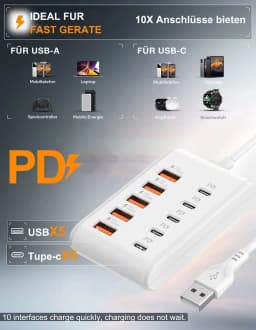 10 Ports USB Charger 5USB+5PD Power Strip Multi Port Type C Wall Charger With 1M Cable For iPhone Samsung Xiaomi QC3.0 Adapter