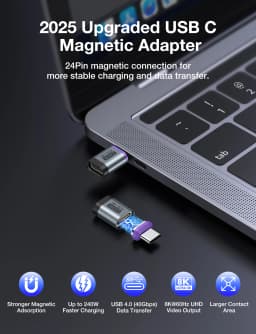 AUFU 240W Magnetic USB C Adapter Fast Charging Type C to USB C USB4 Connector 40Gbps 8K60Hz for Thunderbolt 4 3 iPhone16 Macbook