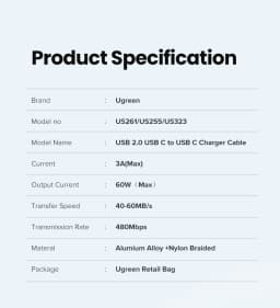 Ugreen USB C to USB Type C Cable for MacBook Pro iPad 2020 USB Charger Wire for Samsung S20 Huawei Quick Charge 4.0 PD 60W Cable