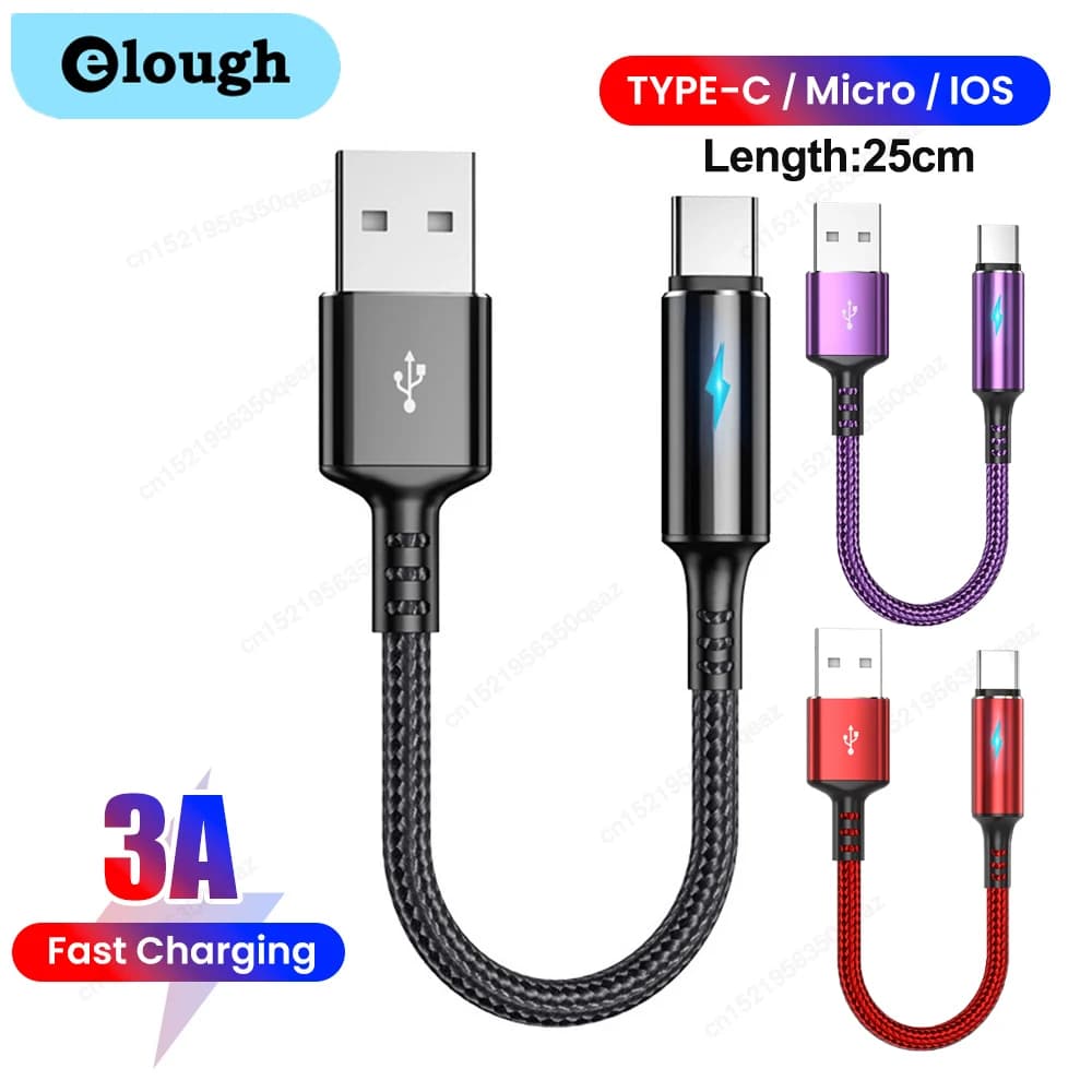 25cm Short Nylon Charger Data Cable Micro USB Type C Cables For iOS Android Phone 3A Fast Charging Power Bank Phone Cord Wire