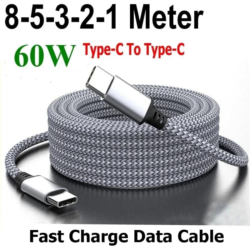 60W Type C To Type C Fast Charge Cable 1M 2M 3M 5M 8M Universal Extended Nylon Braided PD Data Cord for Oneplus Xiaomi Samsung