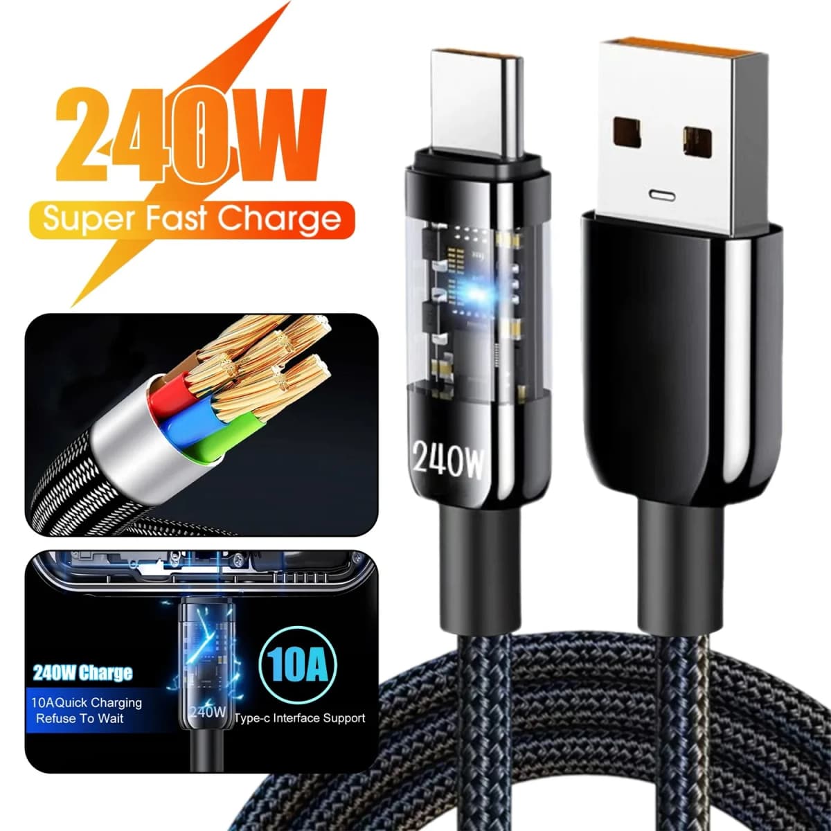 240W 10A USB to Type C Super Fast Charging Cable QC3.0 Fast Charger Cable LED Phone Charger Data Cord For Samsung Xiaomi Huawei