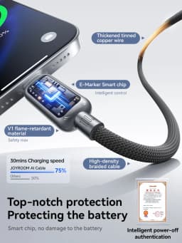 Joyroom 100W USB C Cable Automatic Power Off Fast Charge Type C Cable For iPhone 17 16 15 Pro Max  Xiaomi Sumsang S-A55