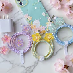 Colored Flower Laser White Line Circle Charger Protector Cover For iPhone For Samsung Type-C Charger Line Protectors Cover