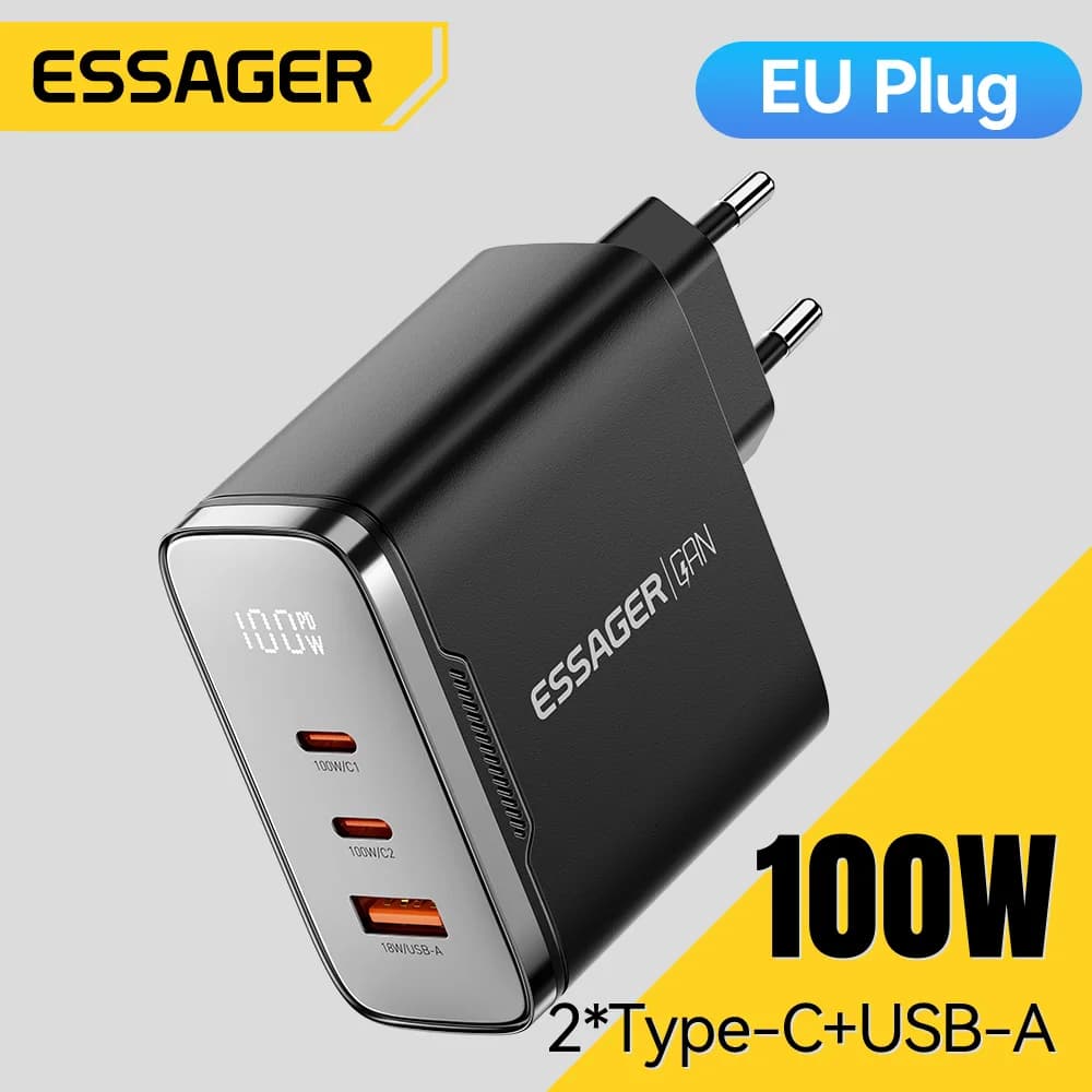 Essager 100W GaN USB Type C Charger Digital Display QC 4.0 PD 3.2 Fast Charge For Samsung Huawei iPhone17 Laptop MacBook