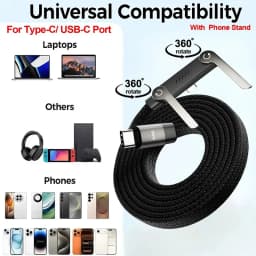 240W 2-in-1 Black/Orange Fast Charging Foldable Bracket Data Cable Type-C to Type-C PD Data Cord With Phone Tablet Stand 1.5M