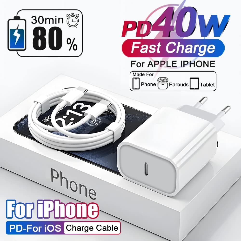US EU Adapter PD 40W Fast Charger For Apple iPhone 15 13 12 11 14 17 16 Pro Max Type C Charger Charging Cable Phone Accessories