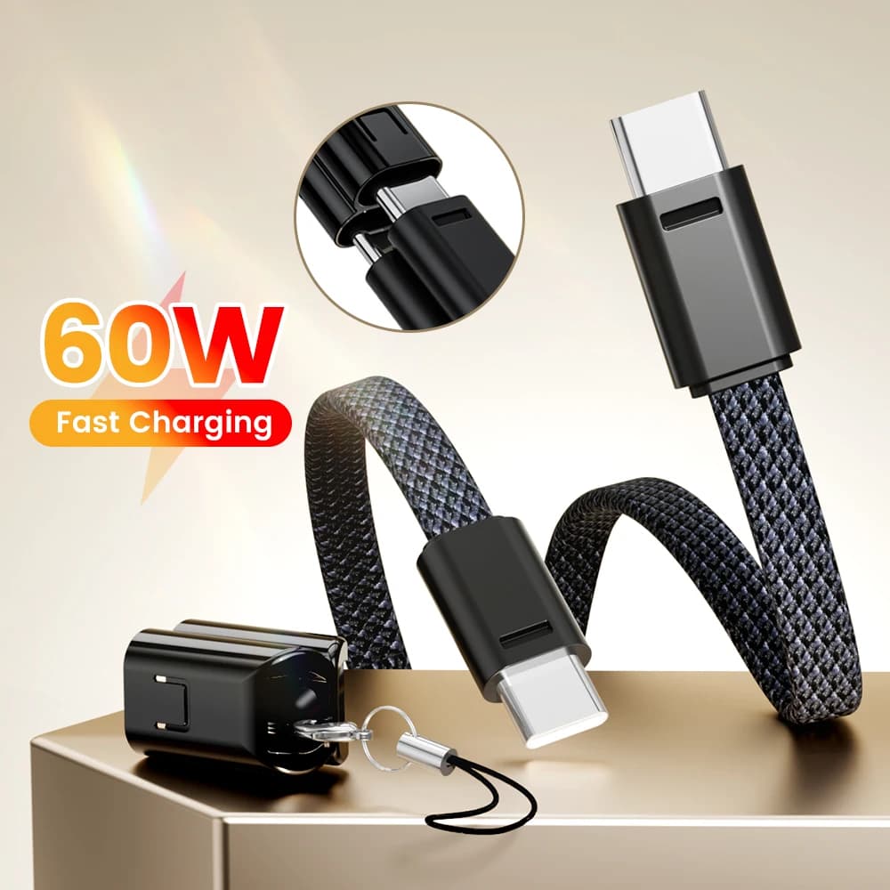 60w Keyring Cable USB C to Type-C/Lightning Fast Charging Power Bank Short Data Cable For iPhone Xiaomi Samsung Huawei Cellphone