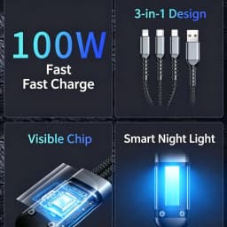1. 3 in 1 100W Fast Charging Cable Transparent LED Night Light USB Type C Micro Charger Cord for iPhone Huawei