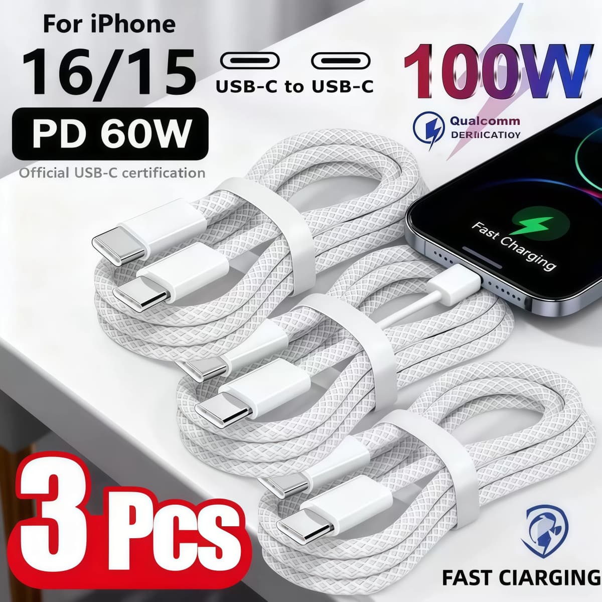 2026 New 3PCS 60W USB-C to C-type cable, suitable for IPhone15 16 Pro PD 60W Xiaomi  Samsung  fast charging braided data cable
