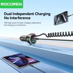 Rocoren 70W USB C Car Charger With Spring Charging Cable Fast Charging Type C Car Quick Charger Adapter For iPhone 16 15 Xiaomi