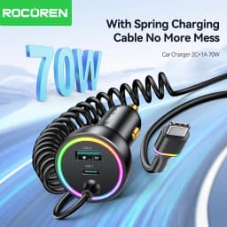 Rocoren 70W USB C Car Charger With Spring Charging Cable Fast Charging Type C Car Quick Charger Adapter For iPhone 16 15 Xiaomi