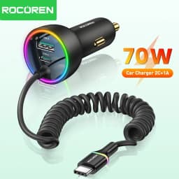 Rocoren 70W USB C Car Charger With Spring Charging Cable Fast Charging Type C Car Quick Charger Adapter For iPhone 16 15 Xiaomi