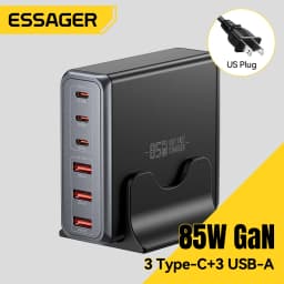 Essager 85W GaN USB Charger6in1 Desktop Fast Charge USB Type C Charger For iPhone17 16 15Pro Xiaomi Samsung Smartphone Laptop
