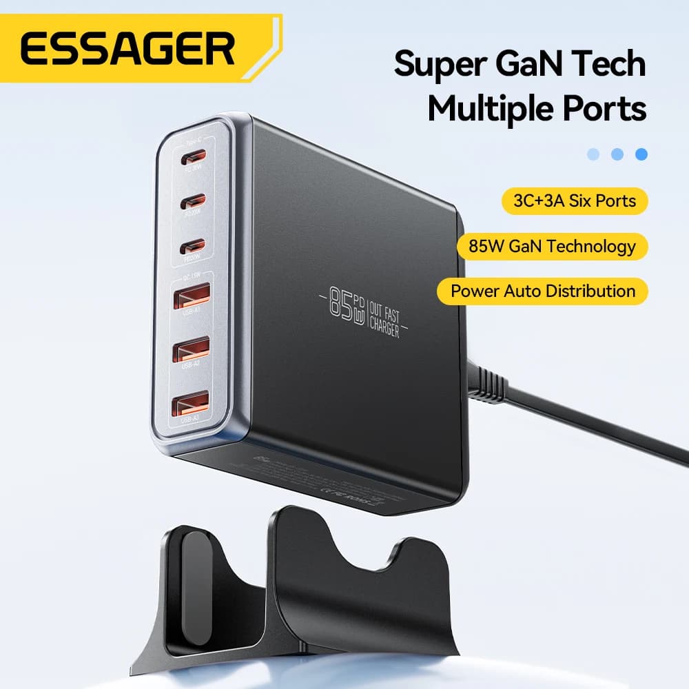 Essager 85W GaN USB Charger6in1 Desktop Fast Charge USB Type C Charger For iPhone17 16 15Pro Xiaomi Samsung Smartphone Laptop