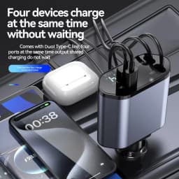 4 in 1 Retractable Car Charger 120W USB C Car Charger Adapter with 2 USB Ports Car Phone Charger for iPhone 16 15 Samsung