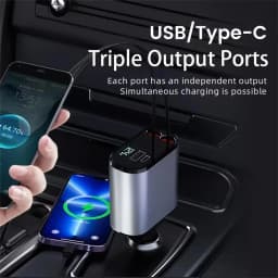 4 in 1 Retractable Car Charger 120W USB C Car Charger Adapter with 2 USB Ports Car Phone Charger for iPhone 16 15 Samsung