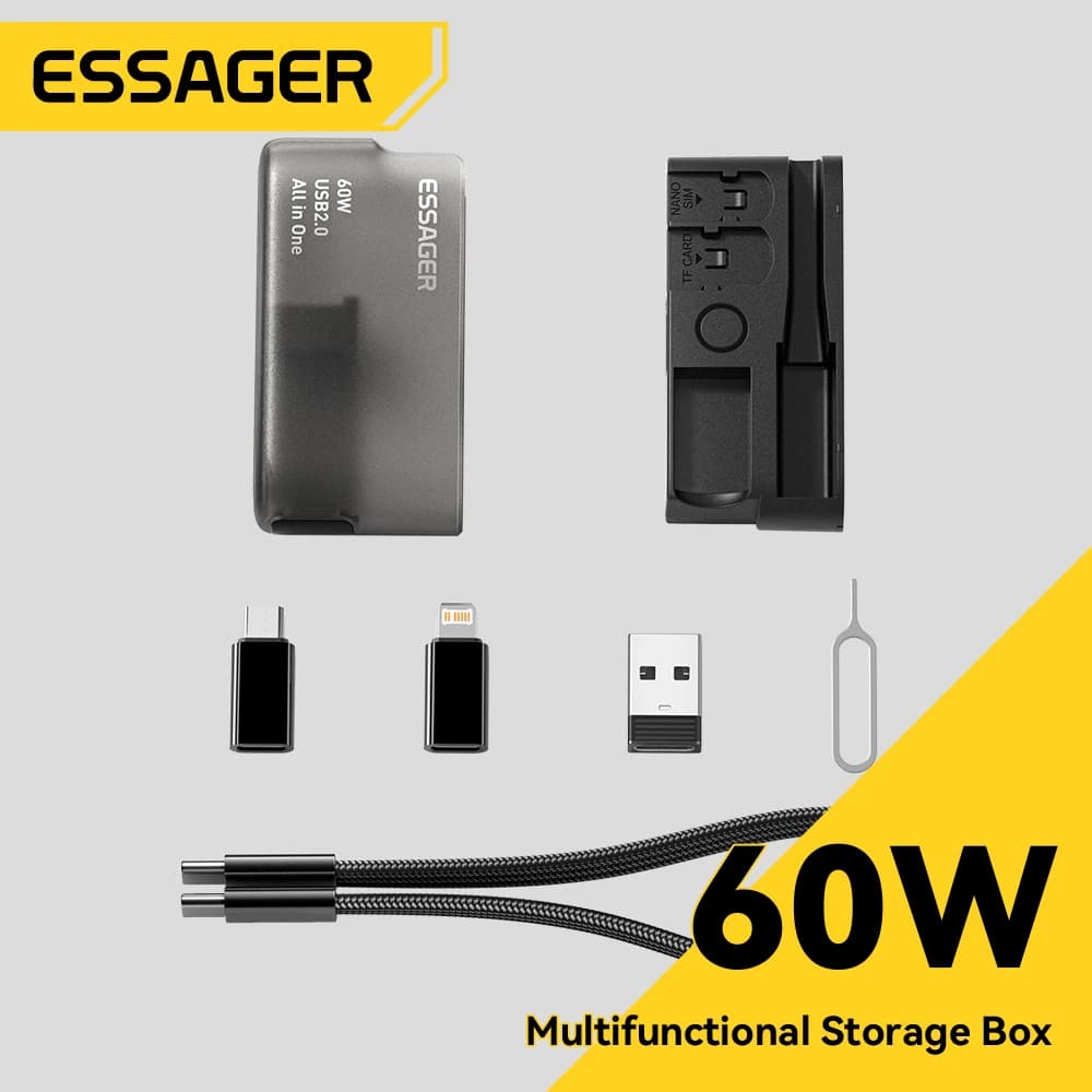 Essager Multifunctional Travel Box 60W USB C To Type C Micro Lightning Cable Set Fast Charging For IPhone Xiaomi Storage Box Pin