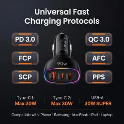 90W USB C Car Charger Multi Port Dual PD 30W Super Fast Charging Adapter for iPhone 17 16 15 Macbook Samsung Android Phone
