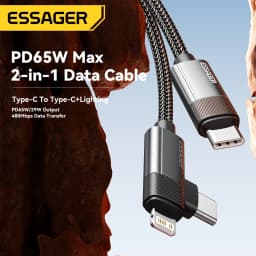 Essager 2-in-1 Right Angle Cable C-L 29W C-C 65W Fast Charging Elbow Data Cable For iPhone 15 14 13 MacBook Lenovo Dell iPad Pro