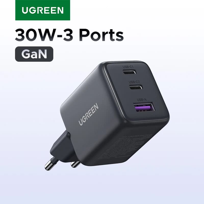 UGREEN 30W GaN Charger 3 Ports PD 3.0 USB C Charger For iPhone 18 17 16 Pro Samsung S25 Xiaomi Tablet iPad Air Pro Phone Charger
