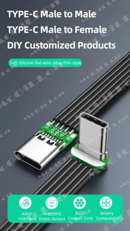 Flexible Flat Silicone Type C to USB C Cable Left/Right Up/Down Angled for Camera Phones 60W Fast Charging 480Mbps Data Transfer