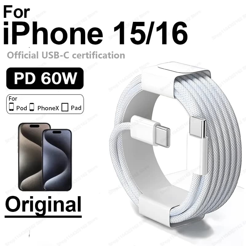 Original PD 60W Fast Charger 6A USB C to Type C Cable For Apple iPhone 15/16 Pro MAX Plus Quick Charging For Samsung Xiaomi