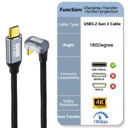 U Shape USB C PD 100W Fast Charging Cable 180 Degree Angled Type-C USB 3.2 10Gbps 4K@60Hz Display Cord for Laptop VR Phones Pads