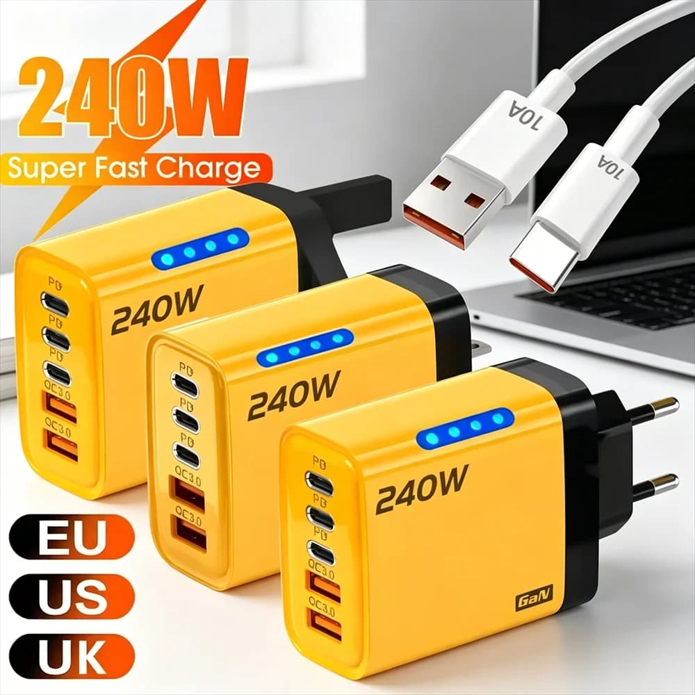Type C USB 240W Fast Charging Charger GaN USB C Phone Charger Wall Adapter Quick Charge 3.0 With PD Cable For iPhone 17 Samsung