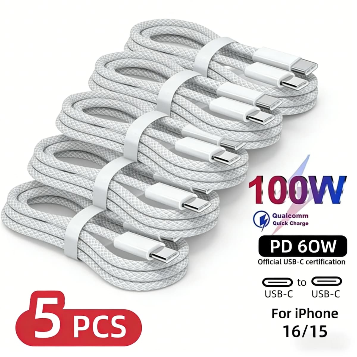 5PCS USB C Cable to USB C 100W Fast Charging Charger Cable Supports Fast Charging For iPhone 16 15 Samsung Xiaomi Huawei Etc