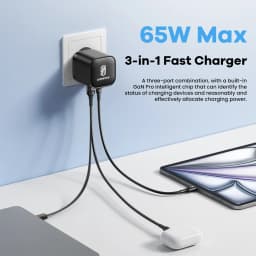 65W GaN USB Charger with Type C Retractable Cable 3 Port QC4.0 PD3.0 PPS Fast Charger for Macbook Laptop iPhone 16 15 14 Xiaomi