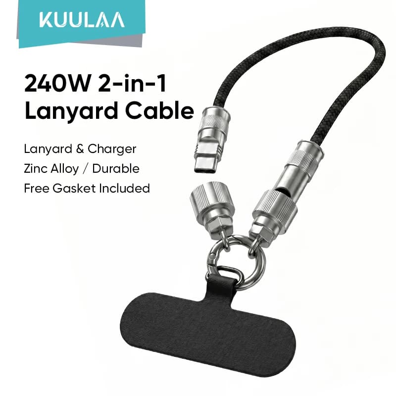 KUULAA 240W USB-C to Type-C 2 in 1 Lanyard Data Cable PD Fast Charging For iPhone 17 16 15 Samsung Huawei Laptops Anti-lost Rop