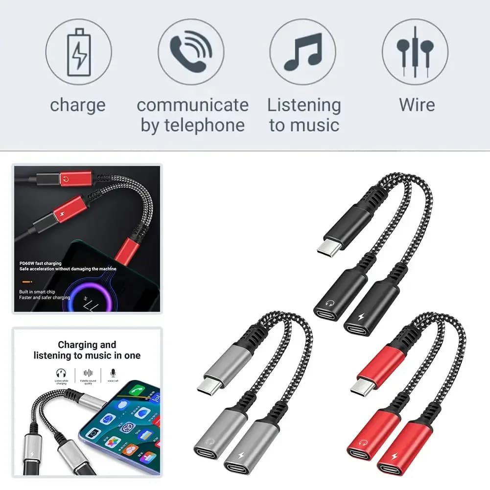 30w Type C Splitter To Dual Type USB C Headphone Jack Audio Adapter Fast Charging Connector For Samsung IPhone 2 In 1 K7N8