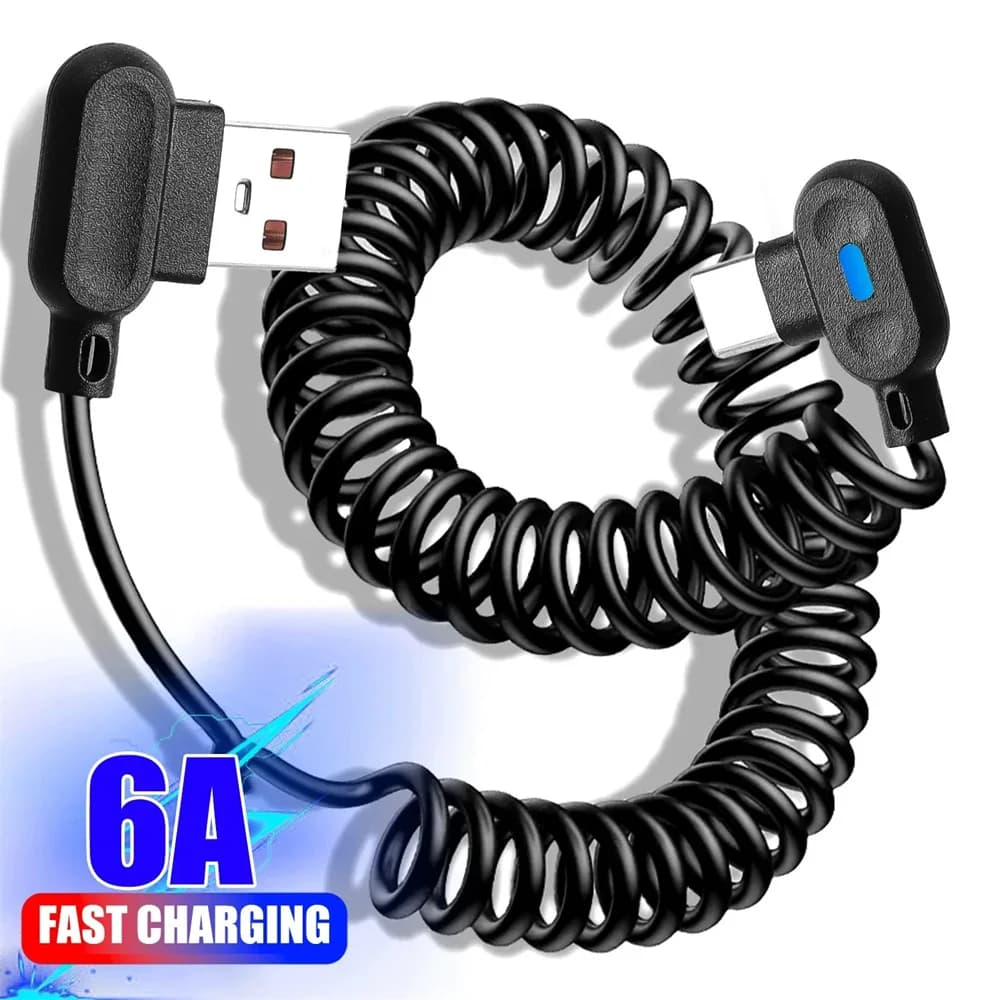 6A Fast Charging Short Spring Data Cable USB Type C Elbow Quick Charge Wire for Samsung Huawei Xiaomi Phone Charger Sync Cord