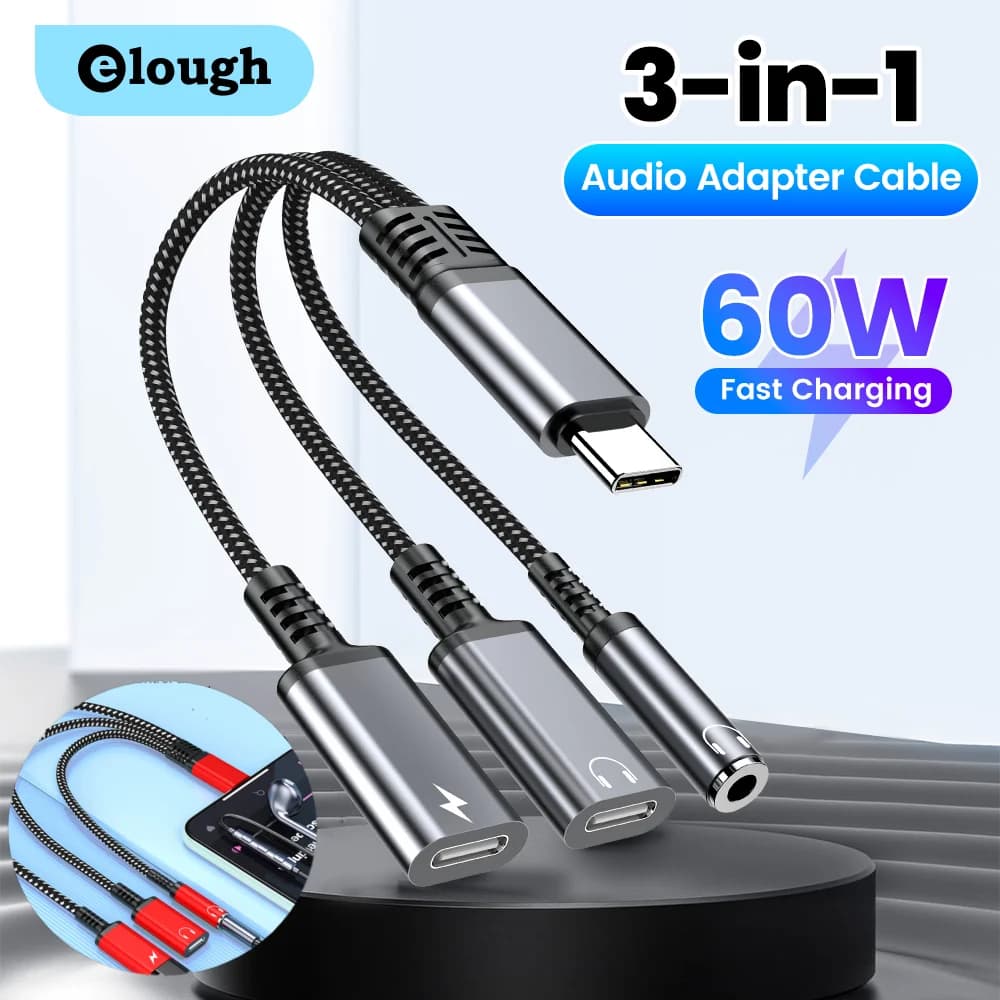 3 in 1 PD 60W Fast Charge Adapter For Iphone16 15 Samsung Type C to Dual Type C/3.5mm Jack Audio Adapter Cable Headphone Adapter