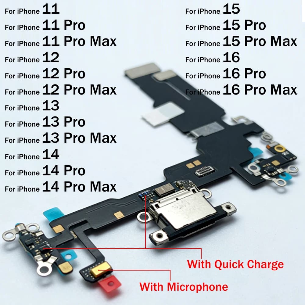 Dock Connector USB Charger Charging Port Flex Cable Microphone Board For iPhone 11 12 13 14 15 16 Pro Max Plus Mini X XS XR Max