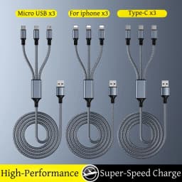 Fast Charging Cable Multi Charger Cable Nylon Braided Multiple USB Universal 3 in 1 Charging Cord Adapter with Type-C Micro