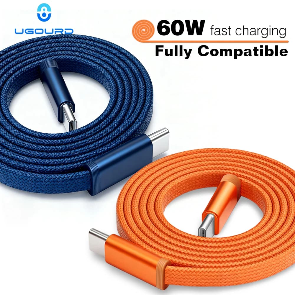 UGOURD New 60W Charger Cable USB-C to Type C Fast Charging Cable Flat Shoelace Style Orange Woven Deep Blue