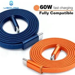 UGOURD New 60W Charger Cable USB-C to Type C Fast Charging Cable Flat Shoelace Style Orange Woven Deep Blue