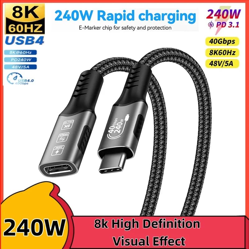 Type C Extension Cable Fast Charging Cable Extender Male to Female USB C 4 UHD Video 40Gbps 240W PD3.1 with Thunderbolt 4/3