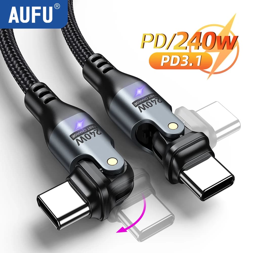 AUFU USB C to Type C Phone Data Cable 240W 5A Fast Charging Cable for Samsung OPPO MacBook Laptop 180 Degree Type C Wire Cord 3M