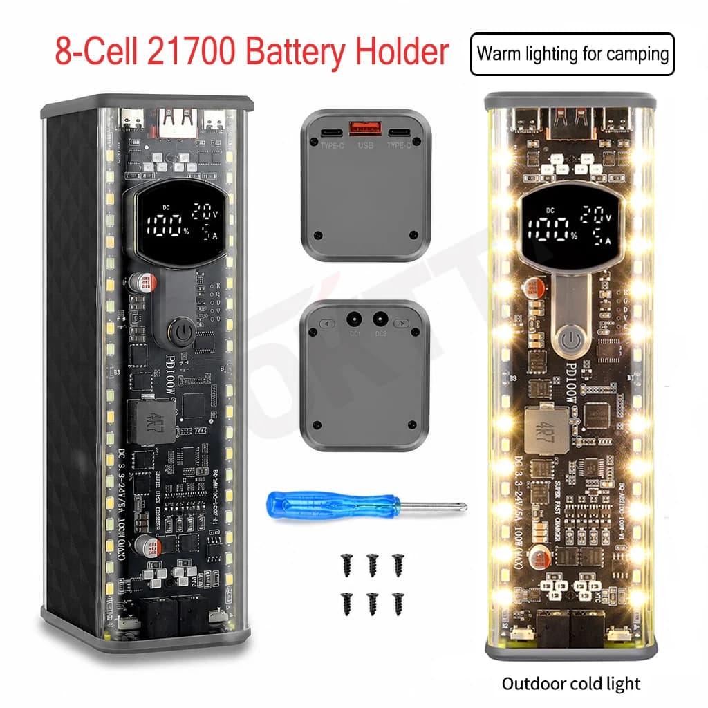 PD100W High-Power Power Bank Case Solder-Free 8-Cell 21700 Battery Holder DCVoltage Regulation High-Brightness LED Outdoor Light