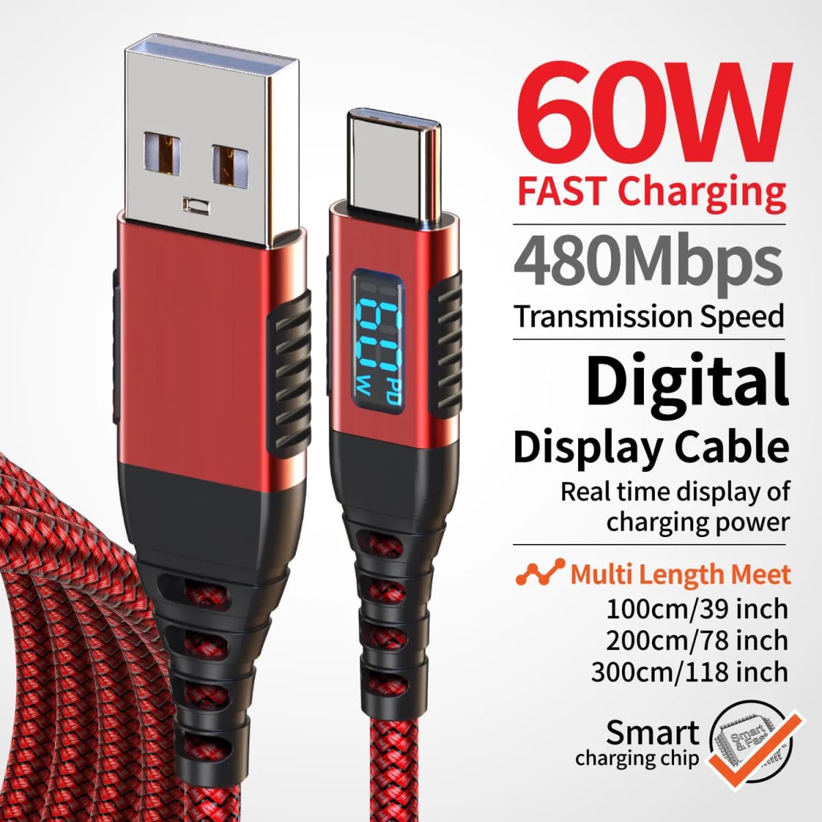60W USB-A TO Type-C Fast Charging Cable for iPhone 17/16/15 Pro Max iPad Pro Galaxy S24/S23 Switch MacBook Air