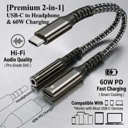 USB C to 3.5mm Headphone and Charger Adapter 2 in 1 USB C to Aux Audio Adapter & 60W Fast Charging for Samsung iPhone Xiaomi