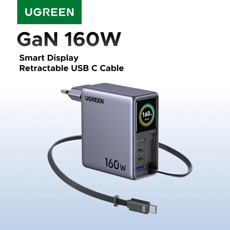 UGREEN 160W Smart Display GaN Charger With Retractable Cable EU Foldable AVS PD 3.1 QC4.0 For MacBook Pro Laptop iPhone Samsung