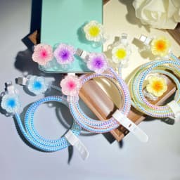 Colored Flower Laser White Line Circle Charger Protector Cover For iPhone For Samsung Type-C Charger Line Protectors Cover
