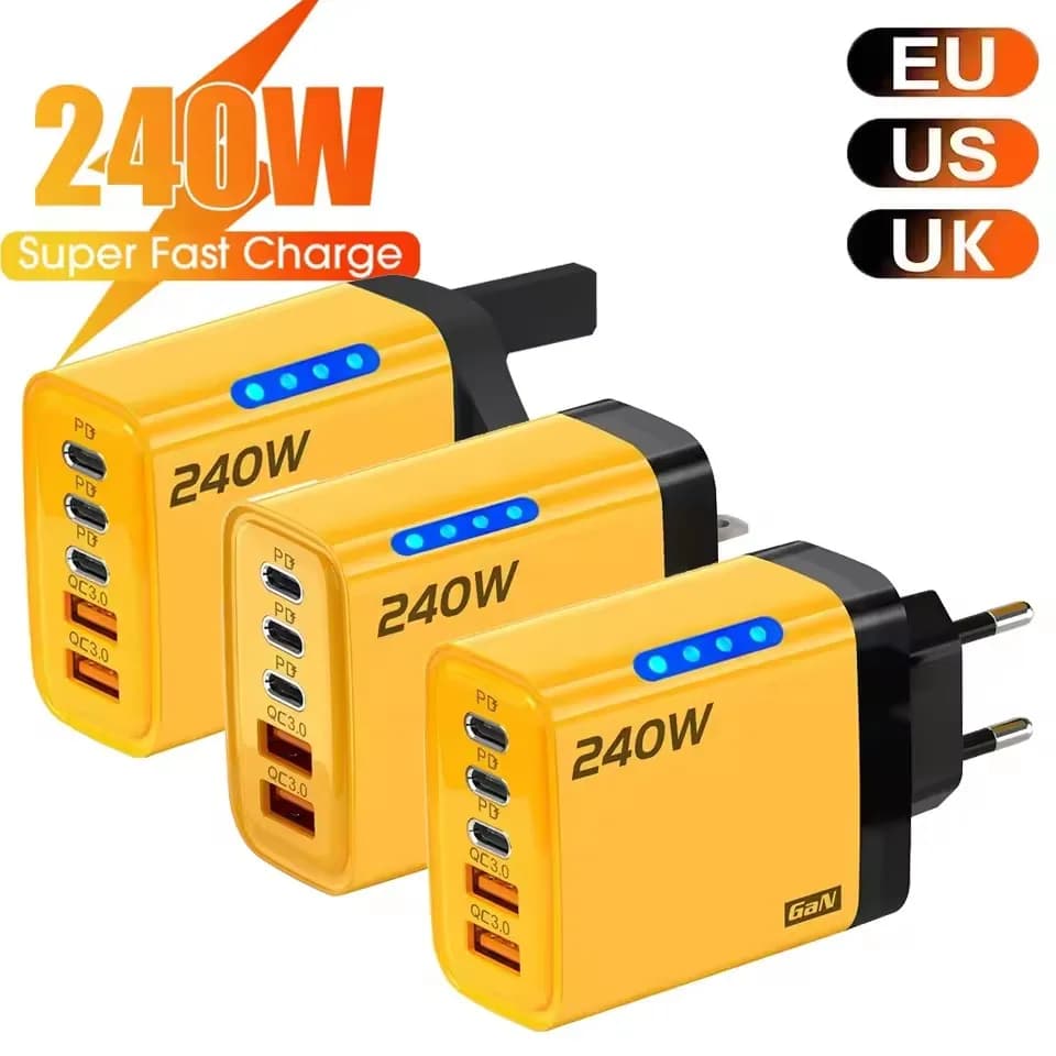 240w Gan Fast Charger With Led Light 5 In 1 2usb+3type-C Multi Port Phone Charger For Iphone15-17Series Samsung Huawei Xiaomi 15